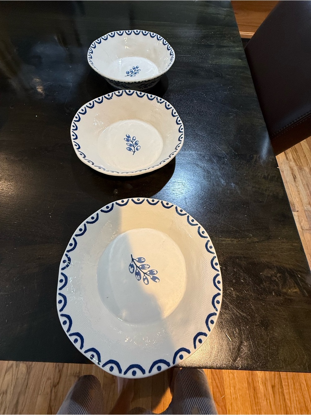 3 pasta bowls from Anthropology,mark d sikes designer. Dark blue and white.